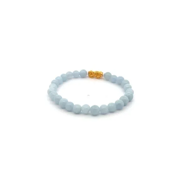 18K Gold Pixiu Piyao Lucky Charm Bracelet Natural Aquamarine Gemstones 6mm - Picture 5 of 5
